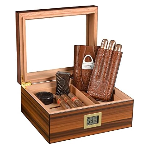 Humidor Zigarren, Volenx Handgefertigter Humidor mit Zigarrenschneider, Feuerzeug, Hygrometer und Befeuchter, Zigarren Set für 25-50 Zigarren, Geschenke für Männer (Keine Zigarre) Cover
