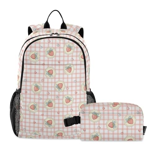 Emelivor Strawberry Heart Kids Backpack for Girls Boys School Bookbag with Insulated Lunch Box for Hight Middle School Teen Girls Backpacks