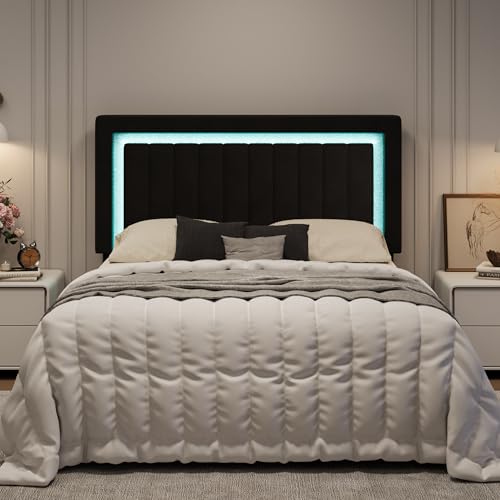 SHA CERLIN Full Size Velvet Bed Frame with LED Light Adjustable Vertical Channel Tufted Headboard Strong Wooden Slats Support Noise-Free No Box Spring Needed Black