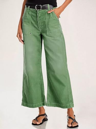 Flamingals Straight Wide Leg Jeans for Women Mid Waisted Casual Raw Hem Denim Capris Pants with Pockets2