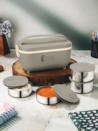 Image of CLASSIC ESSENTIALS Sanjeev Kapoor Electric Lunch Box Set of 4 (2x300ml, 2x400ml) | Plug & Heat Food Warmer | Heats in 35-40 Min | Retains Nutrients & Freshness | Portable, Durable & Shock-Proof
