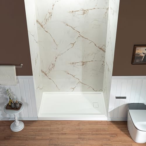 Image of WOODBRIDGE 48 inchW x 36 inchD x 96 inchH 3-Piece Solid Surface Shower Wall Panels, Beige Marble with Soft Brown Veining, Trimmable, Quick Install, BRW-4836-CO96