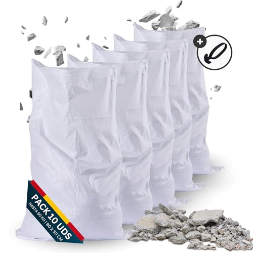 Sacos Para Escombros [10 unid de 50x90cm] con Gomas de Anclaje Saco Yute, Saco Rafia, Saco Jardin, Saco Para Escombros de Obra, Bolsas para obras y Transporte de Materiales (10-Pack Gomas)