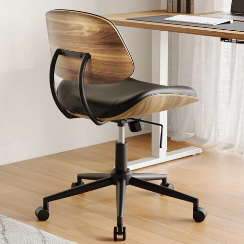 Image of Armless Office Chair with Wheels, PU Leather Adjustable Height Desk Chair - 360 Swivel Ergonomic Computer Chair for Small Space, Modern Walnut Style, Home & Meeting Room, Black