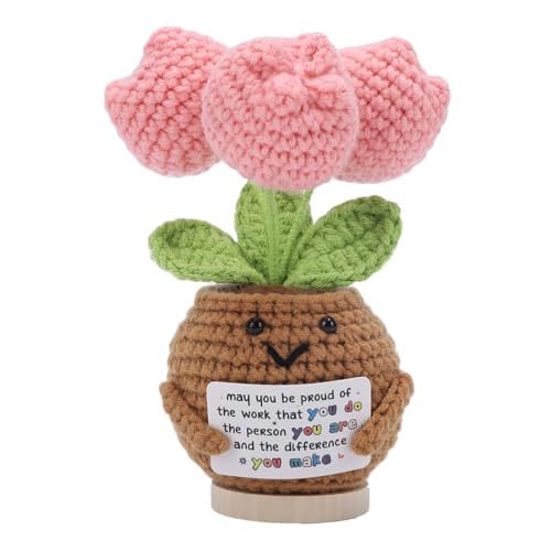 Positive Tulip Crochet Flower with Message Card Cute Handmade Emotional Cheer Up Crochet Flower Ideal Birthday Christmas Stocking Stuffers Gifts for Mom Dad Grandma Coworker Friends