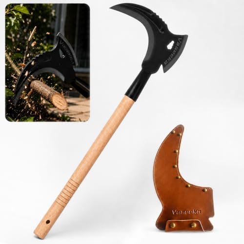 Vaseeka 2-in-1 Pruning Axe with 20-Inch Wooden Handle, Manganese Steel Blade, for Cutting Weeds, Vines, and Shrubs