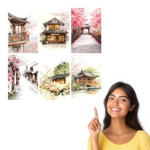 Image of SiddArtify Asian Architecture Wall Art Prints Set - Watercolor Building Poster Decor for Living Room Bedroom Office - 8x12 Sticker Pack of 6