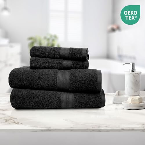 Foto von Amazon Basics 4 Piece Fade resistant bath towel set for bathroom, 100% Cotton soft and absorbent, 2 Bath + 2 Hand Towels, Black