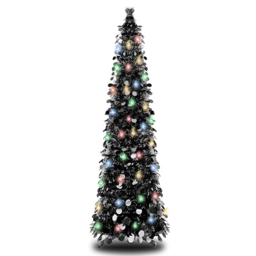 5FT Black Pop Up Christmas Tree, Collapsible Artificial Christmas Tree Tinsel Pencil Halloween Tree with Light (90 LED) Halloween Decorations for Home Holiday Fireplace Party Indoor Outdoor