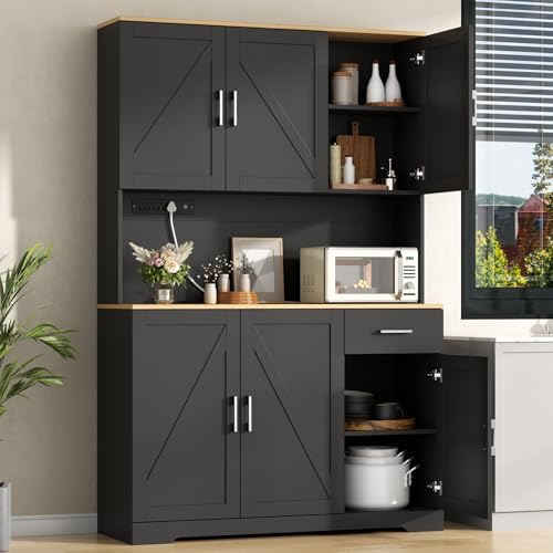 Gyfimoie 71” Tall Kitchen Pantry Cabinet w/Power Outlet, Farmhouse Kitchen Storage Cabinet Freestanding Hutch w/Drawer, 4 Adjustable Shelf & 6 Doors for Dining (Black, 71‘’H x 40.24”W x15.28”D)