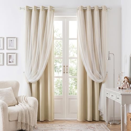 Image of MYSKY HOME Beige Blackout Curtains with Sheer Overlay 52Wx63L,2 Panels