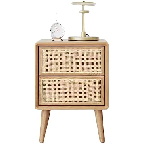 全無垢材ベッドサイドテーブル ナイトテーブル サイドテーブル ラタン純無垢材北欧モダンミニマリスト収納棚スモールオフィス寝室 引き出し付きオーク材 ナチュラル 籐編み前板 天然木 ベッドサイドテーブル 簡単組立 (A)