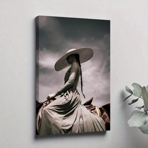 Toile imprimée grand format Dame au chapeau souple sur cheval habillage mur vide