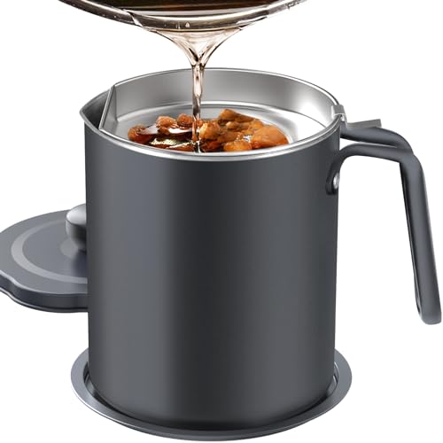 Chihee Contenedor de grasa de tocino de acero inoxidable con colador de malla fina de 2 litros, recipiente de grasa con tapa a prueba de polvo, bandeja antideslizante para cocina, almacenamiento de