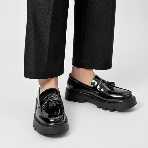 Men's Black Patent Leather Platform Loafers Slip-On Dress Shoes with Tassel, Non-Slip Lug Sole Round Toe Penny Formal Shoes for Business Work & Daily4
