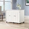 BOWERY HILL Engineered Wood Drop-Leaf Sewing or Craft Table with Melamine Top Surface, Storage Behind Roll-Open Door, Easy-roll Casters in Soft White