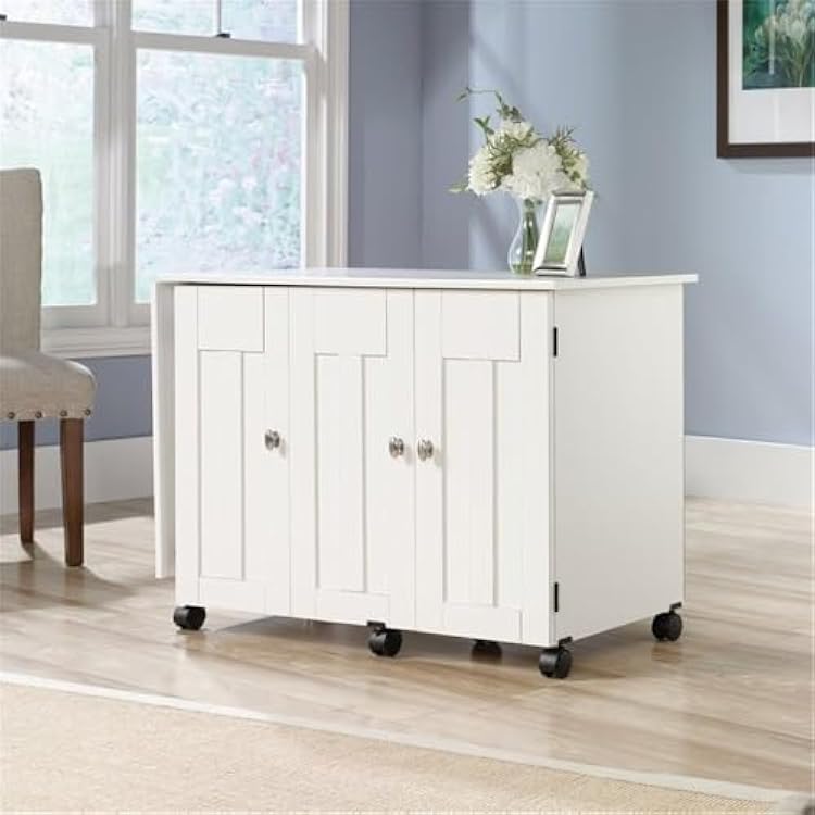 BOWERY HILL Engineered Wood Drop-Leaf Sewing or Craft Table with Melamine Top Surface, Storage Behind Roll-Open Door, Easy-roll Casters in Soft White