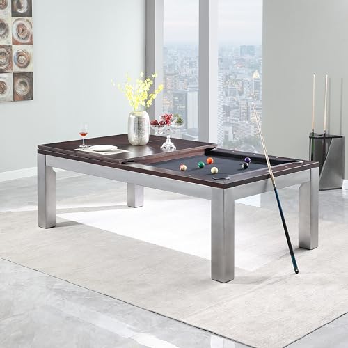 Playcraft Genoa 8' Slate Pool Table with Dining Top - Billiard Table with Walnut on Silver Finish- 3pc Slate System - Perfect for Game Room, Office or Dens - 25 Cloth Colors