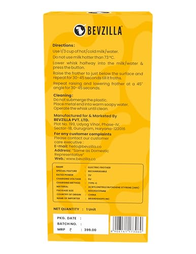 Image of Bevzilla Rechargeable Electric Frother | 3-Speed Handheld Coffee Frother with Type-C Fast Charging | Ideal for Coffee, Matcha & Milkshakes | One-Touch Operation