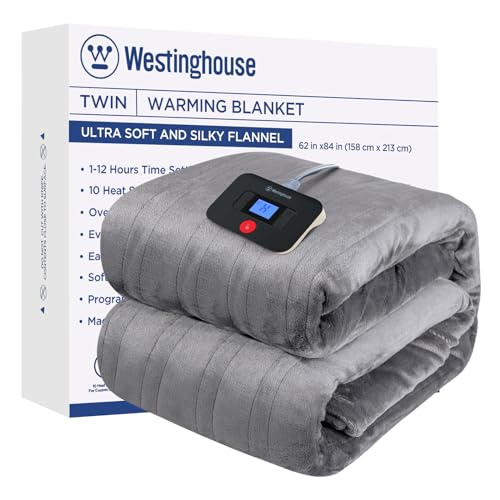 Westinghouse Electric Blanket Twin Size, Super Cozy Soft Flannel 62"" x 84"" Heated Blanket with 10 Fast Heating Levels & 1-12 Auto-Off, Machine Washable, ETL&FCC Certification, Light Grey