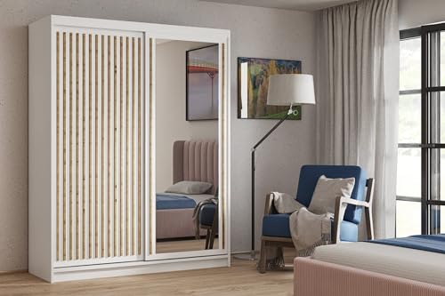 BEAUTY SOFA Meuble Donatello - Armoire avec miroir, étagères, tringle à vêtements, portes coulissantes et lamelles, garde-robe, meuble de couloir - Blanc - Largeur...