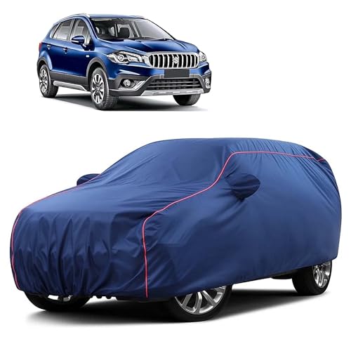 Image of Sulfar 100% Water Resistant Car Body Cover Compatible with Mirror for Maruti Suzuki SCross (Triple Stitched, Full Bottom Elastic, Blue Taffeta with Red Piping)