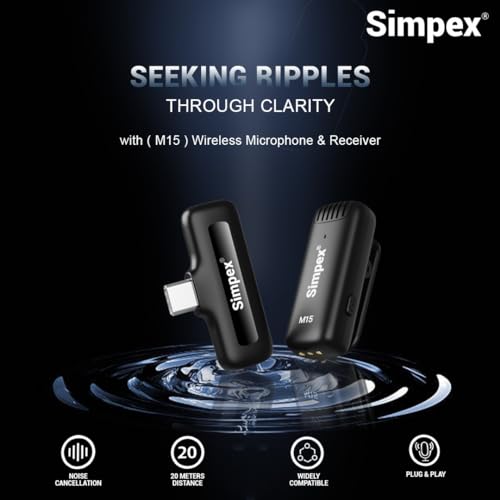 Image of Simpex M15 Wireless Microphone & Receiver with Type C, Noise Cancellation, Mic Suitable for Vlog You Tube Live Streaming Video Recording and More.