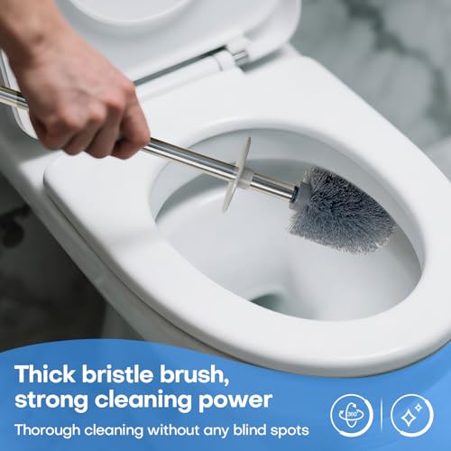Image of Marble Colored Toilet Brush and Holder Set,Stainless Steel Long Handle and Marble Colored Base for Bathroom Deep Cleaning，Space Saving for Storage，Drip-Proof，White