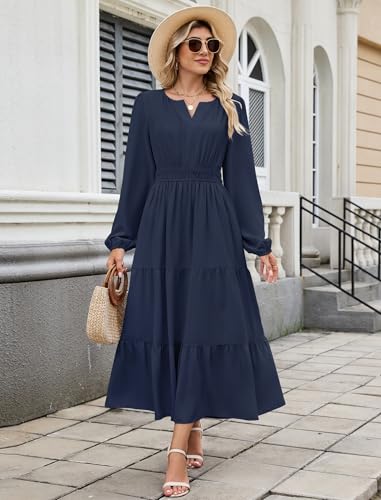 ZAFUL Womens Fall Maxi Dresses 2025 Puff Long Sleeve V Neck High Waist A Line Long Flowy Tiered Wedding Guest Dress Pockets3