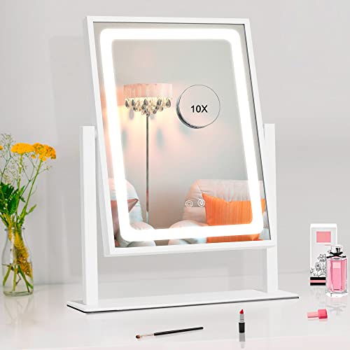 Ibrightso Vanity Mirror With Lights, Lighted Hollywood Makeup Mirror, Touch Dimmable 3 Color Lights, Detachable 10X Magnification Mirror, 360° Rotation(12Inches, White) #TOP5