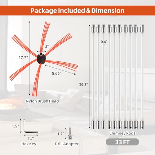 33 Feet Chimney Sweep Kit Chimney Brush Cleaning Kit Rotary Chimney Cleaner System Fireplace Brush Tool with 10 Nylon Flexible Rods and Strong Brush Head - Image 4