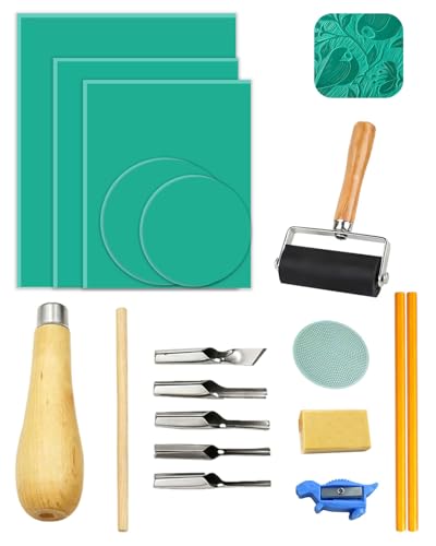 Lino Printing Kit 16 Piece Lino Sheets (A6/A5/A4 & Round) with Lino Cutting Tools Roller Baren Eraser Pencils Sharpener for Engraving Printmaking DIY Stamp Art Craft