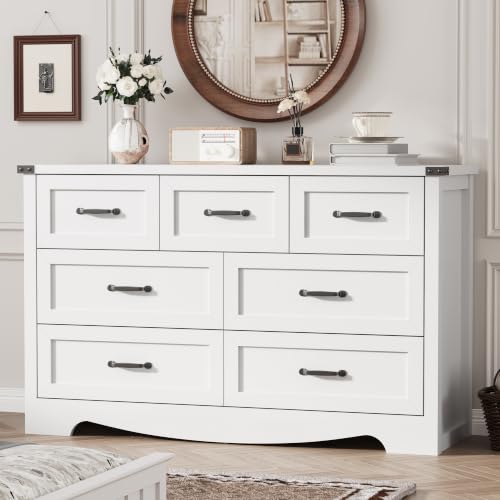 Image of Dresser for Bedroom with 7 Drawers, 58 inch Wide Wood Chest of Drawers with Deep Drawers & Mental Handle, Modern Dresser TV Stand, Wooden Closet Storage Organizer for Living Room, Hallway, Entryway, White