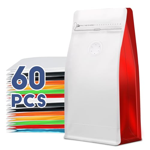 Coffee Bags with Valve(60pcs,16 oz,1 lb) Vented Coffee Beans Packaging Bags High Barrier Aluminumed Foil Flat Bottom Heat Sealed Side Zipper Resealable Storage Bag for Home or Business(White+Red)