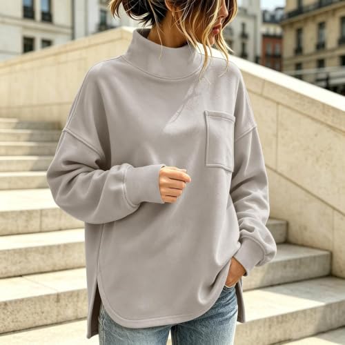 Pullover Sweatshirts For Women Oversized Mock Neck Split Tops With Pockets - image 2