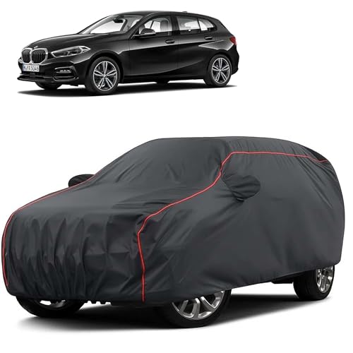 Image of Sulfar 100% Water Resistant Car Body Cover Compatible with Mirror for BMW 1 Series (Triple Stitched, Full Bottom Elastic, Dark Grey Taffeta with Red Piping)