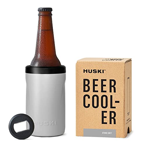 Huski Beer Cooler 2.0 | NEW | Premium Can and Bottle Holder | Triple Insulated Marine Grade Stainless Steel | Detachable 3-in-1 Opener | Works as a Tumbler | Best Gifts for Beer Lovers (Stone Grey)