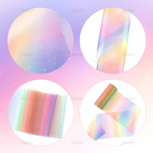 AUEAR, 5 Pack Rainbow Glitter Tulle Rolls Ribbon Netting Fabric Spool Shiny Sewing Craft for Wedding Birthday Party Decor DIY Crafts (6 Inch x 10 Yard) - Thumbnail 6