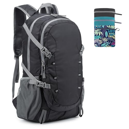BiYiYun Mochila de caminhada de 40 L, mochila leve dobrável para caminhada com bolso molhado, bolsa impermeável para acampamento de viagem para homens e mulheres (preto)