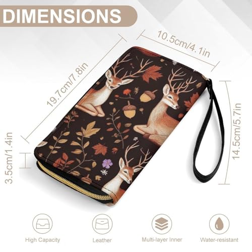 Long PU Zipper Wallet With Rope, Travel Purse Fashion Design, Huge Storage Capacity Wallet, Cute Decor Purse For Men And Women Autumn Leaves Fall Foxes Deer2