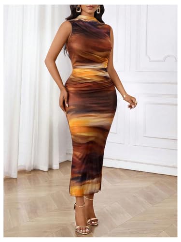 Image of Milumia Women's Printed Mock Neck Bodycon Maxi Dress Sleeveless Mesh Long Dress Party Cocktail