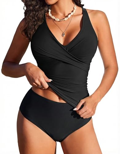 Ekouaer Tankini Damen Bauchweg Push Up Zweiteiliger Badeanzug Crossover Tankini Set Hight Waist Bademode, Schwarz L