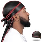 ForceWave Silky Durag for Men Wave Cap Satin Dorag for Men Women 360 Wave (Black with Red Seam)