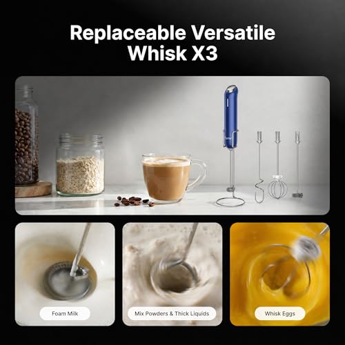 Image of InstaWhisk Milk Frother with Variable Speed, Rechargeable Coffee Frother Wand with Detachable Double Whisk, Handheld Electric Stirrer for Latte, Cappuccino, Matcha, Almond Milk, Protein, Navy Blue