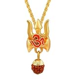 Generic Lord Shiv Trishul Om/Aum One Sided Damru Rudraksha Pendant Locket Necklace Jewellery for Men & Women by Health with Ayurveda, GOLDEN