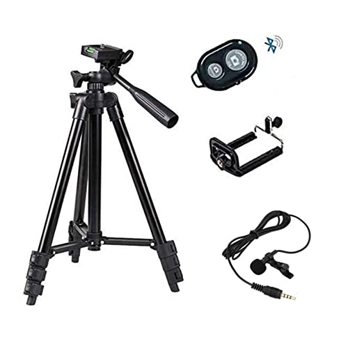 Heavy Duty 3120 Lightweight Adjustable Portable & Foldable Tripod Stand for Mobile Phone and Camera Holder with Shutter Button and Collar Mic (Black)