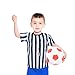 Funtery 3 Pcs Children's Referee Shirt Costume Black and White Stripe Umpire Jersey Whistle Yellow Penalty Flag for Halloween(Crew Neck, M)