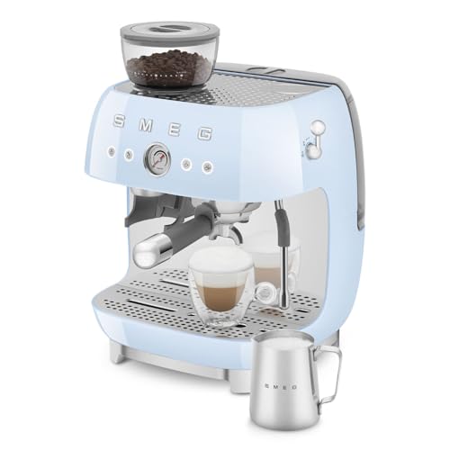 Image of Smeg EGF03 Semi-Automatic Espresso Machine with Built-In Grinder, Dual Thermoblock, 50's Retro Style - Pastel Blue (120 V)