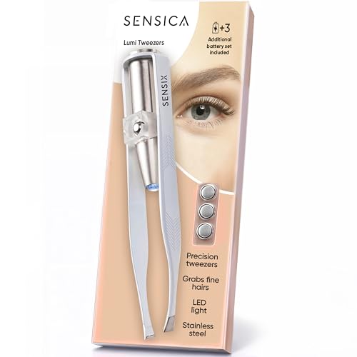 Sensica Pinzette Sopracciglia con Luce LED Professionali – Pinzette di Alta Precisione a Punta Obliqua in Acciaio Inox, Pinzette Luminose per Peli Incarniti e Viso, Idea Regalo Donna