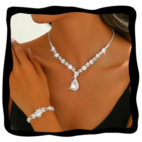 Fashband Juego de collar de novia con colgante de plata, juego de joyas de boda para novia, collares de graduación, accesorios para mujer, Einheitsgröße, Perla sintética, No es una piedra preciosa